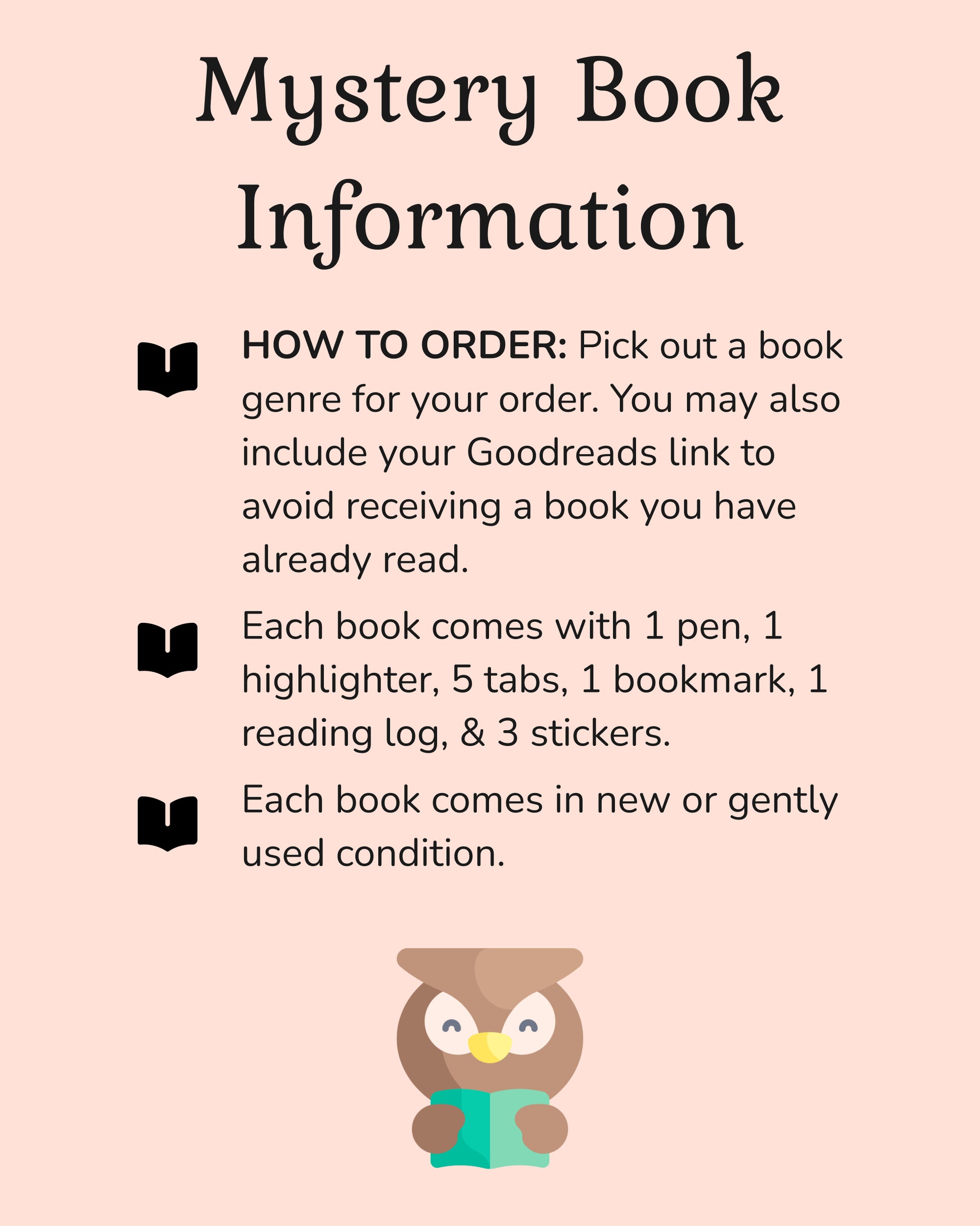 Information detailing how to order a blind date with a book on Mystery Book Owl's shop