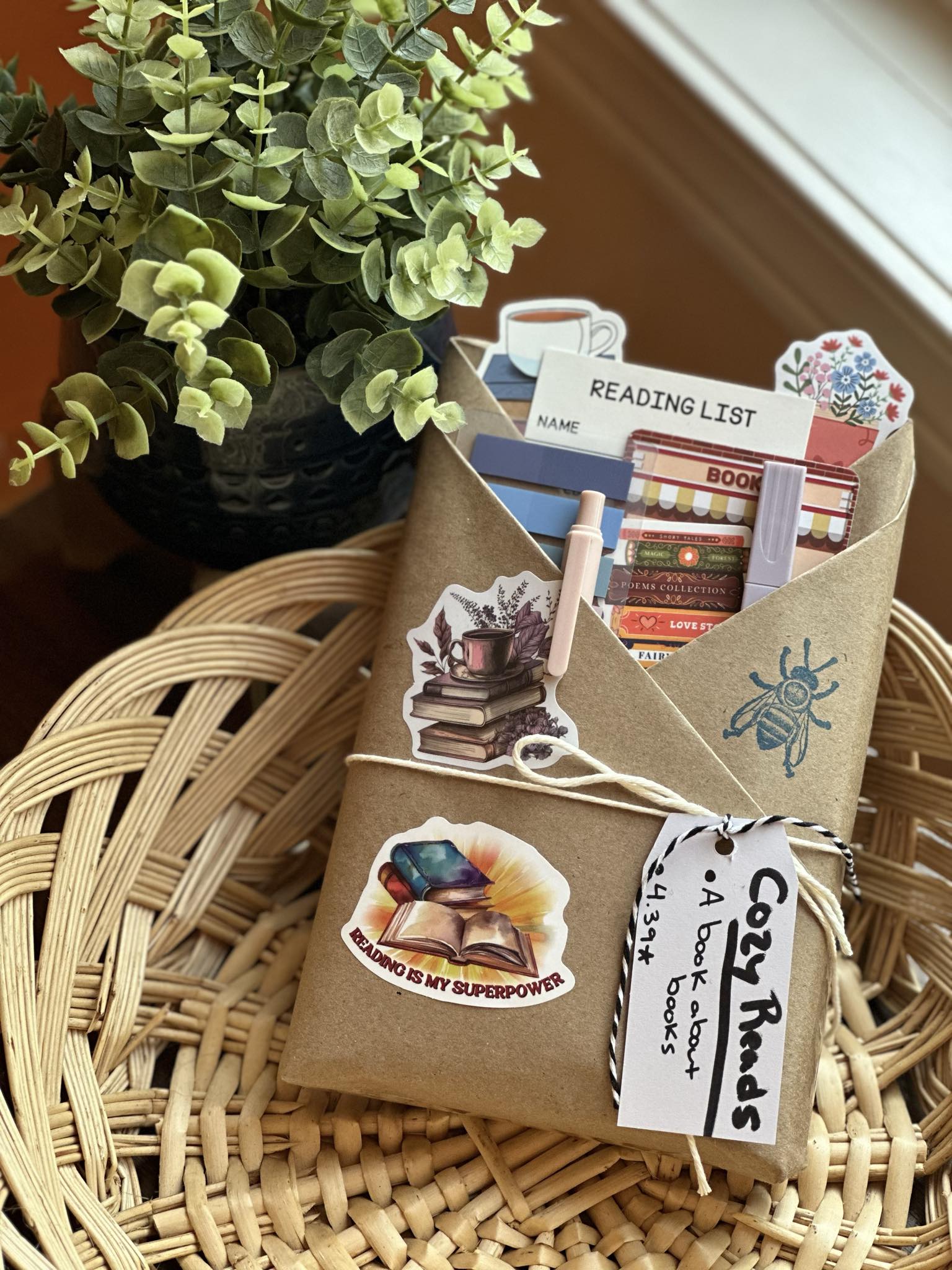 Wrapped blind date with a book in the Cozy Reads genre, placed in a basket