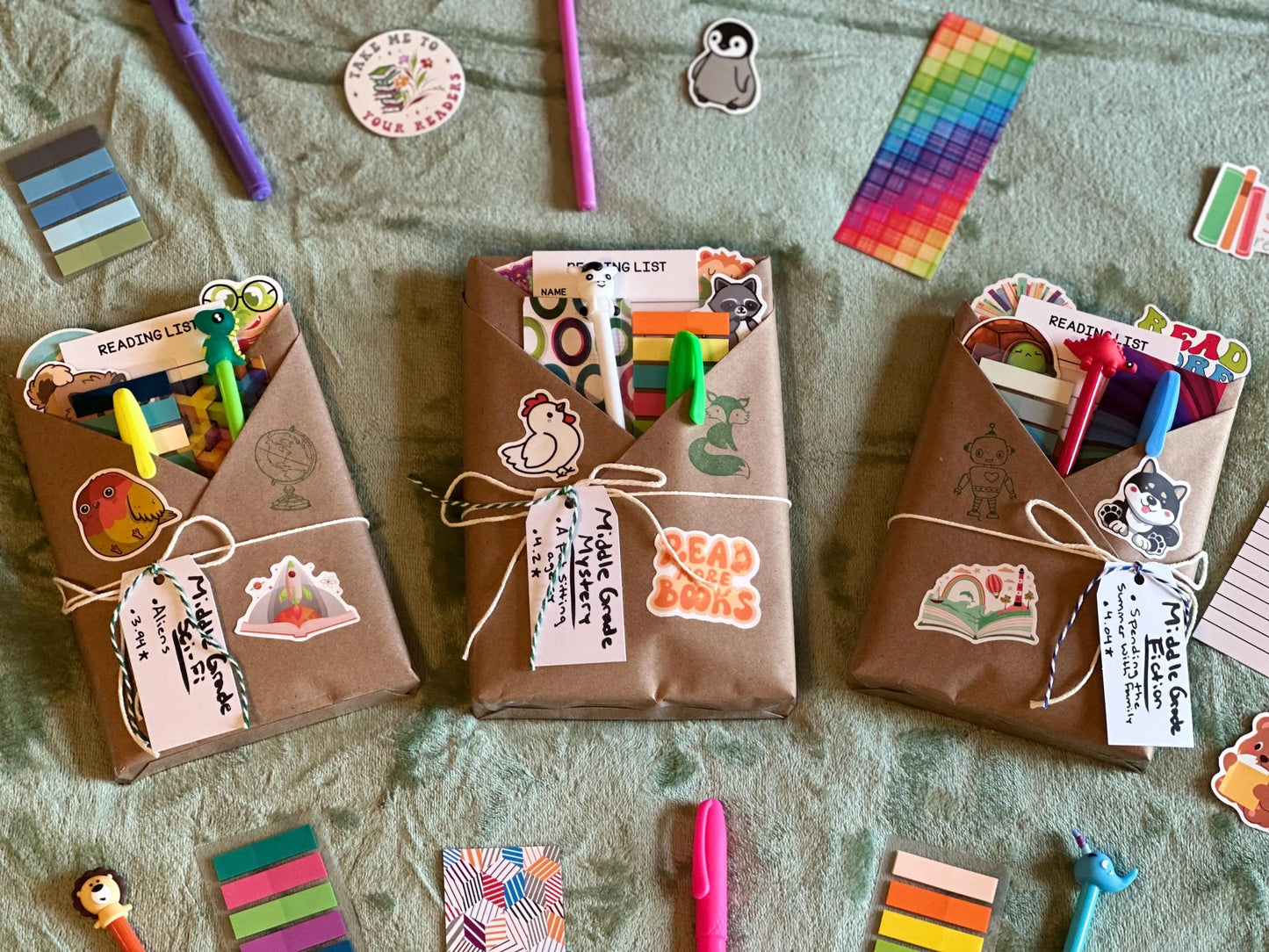 Cute wrapped Middle Grade books with colorful book accessories